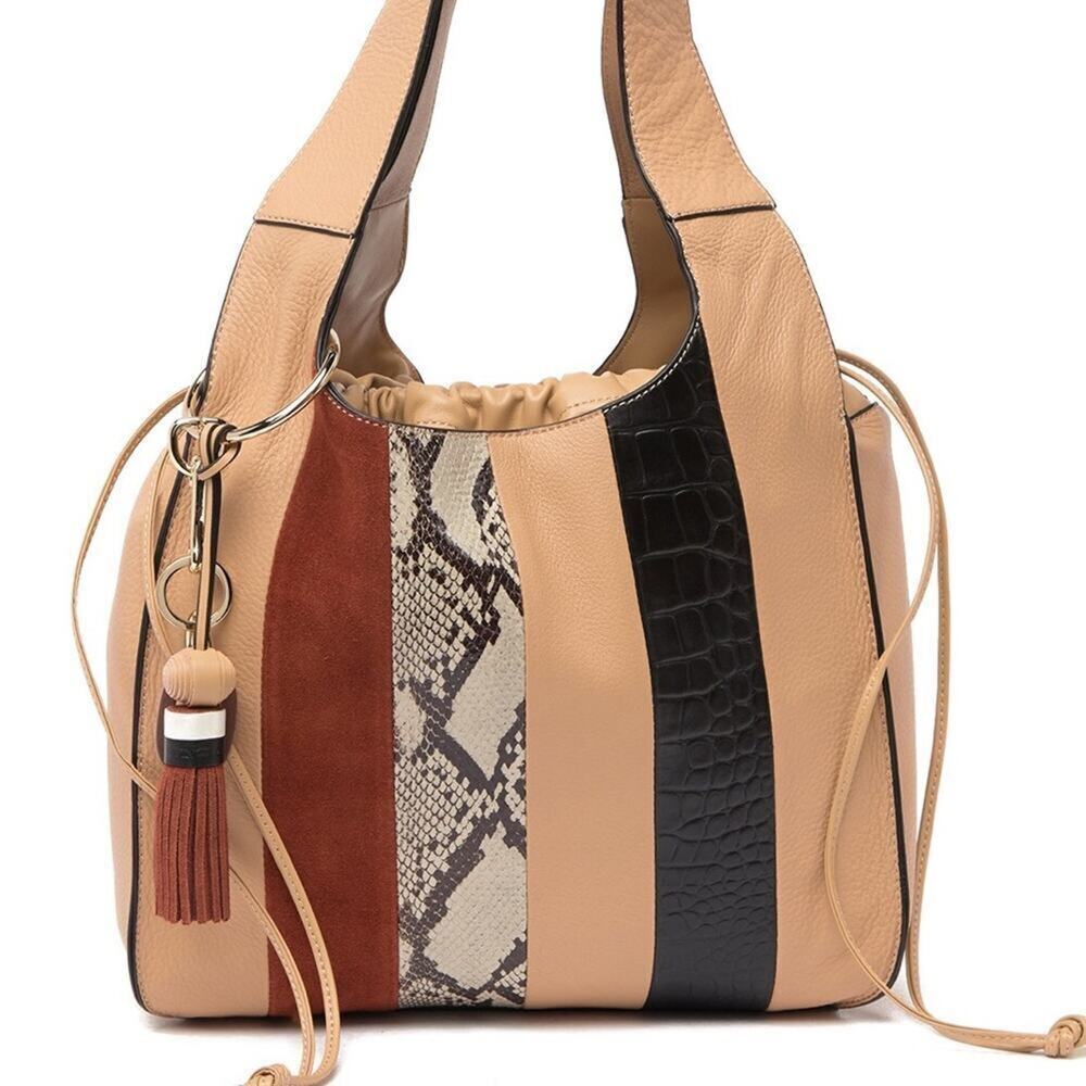 NEW Vince Camuto Suni Leather Shoulder Bag Tote Satchel Moccasin Stripe Purse - Picture 8 of 8